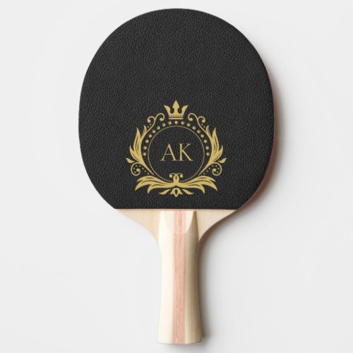 Simple Black Leather Gold Crown Frame Monogram Ping Pong Paddle