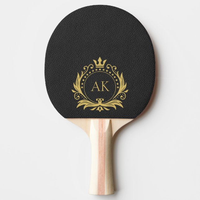 Simple Black Leather Gold Crown Frame Monogram Ping Pong Paddle (Front)