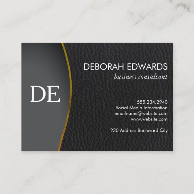 Simple Black Leather Monogram Business Card (Front)
