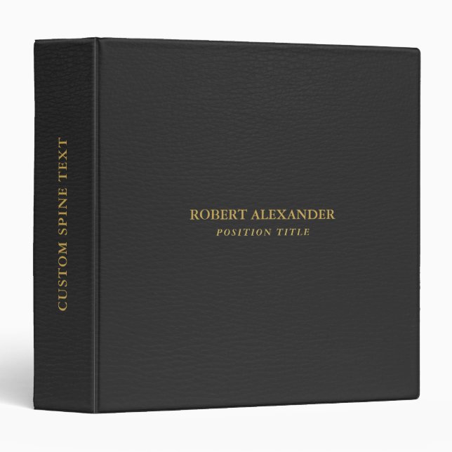 Simple Black Leather Print Gold Typography 3 Ring Binder (Front/Spine)
