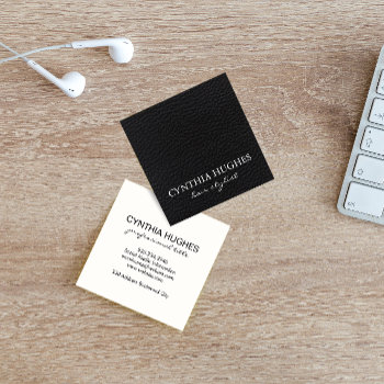 Simple Black Leather Square Business Card by lovely_businesscards at Zazzle