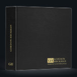 Simple Black Leather Texture Custom Monogram 3 Ring Binder<br><div class="desc">Whimsical,  minimalistic law office design with a custom monogram on a gold square and custom text in gold tones. Black leather texture image background.</div>