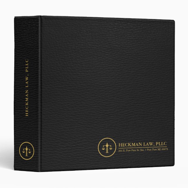 Simple Black Leather Texture Justice Gold Logo 3 Ring Binder (Front/Spine)