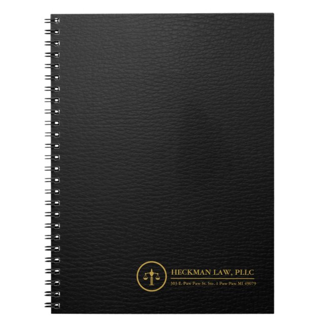 Simple Black Leather Texture Justice Gold Logo Notebook (Front)