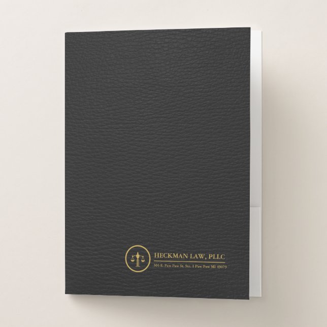 Simple Black Leather Texture Justice Gold Logo Pocket Folder (Front)