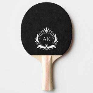 Simple Black Leather White Crown Frame Monogram Ping Pong Paddle