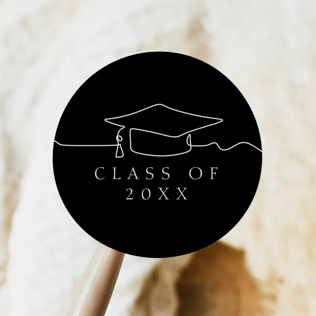 Grad Cap Sticker Simple Simple Black Line Art Graduation Cap Classic Round Sticker | Zazzle