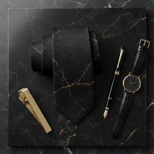 Simple Black Marble Texture with Subtle Gold Veins Neck Tie