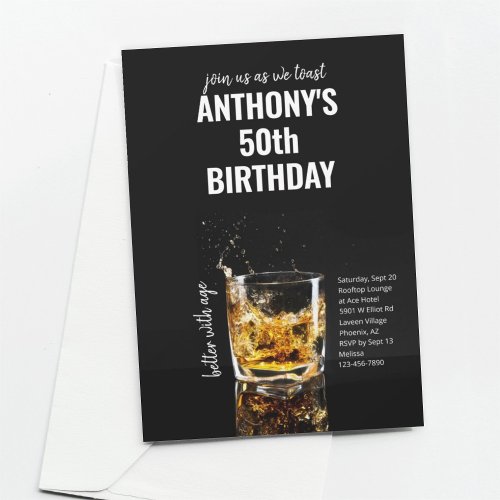 Simple Black Mens Whiskey Birthday Party Invitation