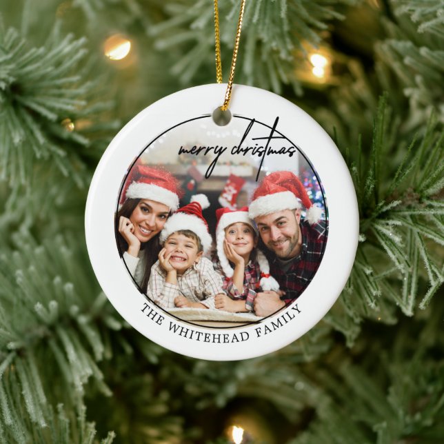 Simple Black Merry Christmas Photo Ceramic Ornament (Tree)