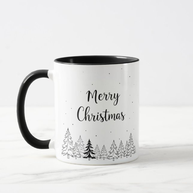 Simple black Merry Christmas trees and stars Mug (Left)