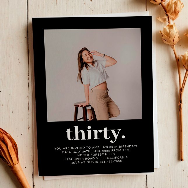 Simple Black Minimal Photo 30th Birthday  Invitation (Creator Uploaded)