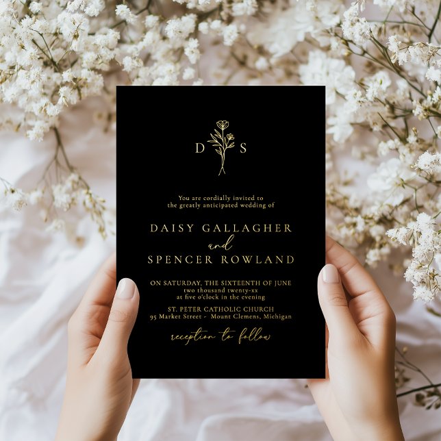 Simple Black Minimalist Floral Monogram Wedding Foil Invitation (Creator Uploaded)