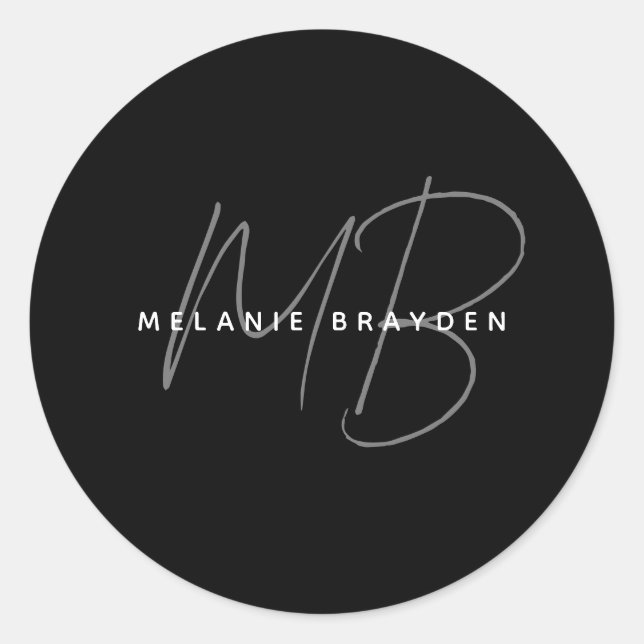 Simple Black Minimalist Two Monogram Name Classic Round Sticker (Front)