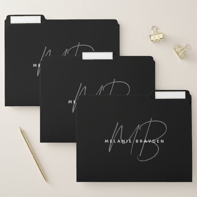 Simple Black Minimalist Two Monogram Name File Folder (Set)