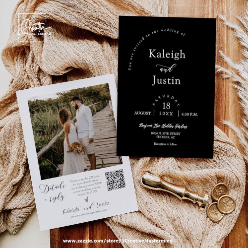 Simple Black Minimalist Wedding Photo QR Code Invitation