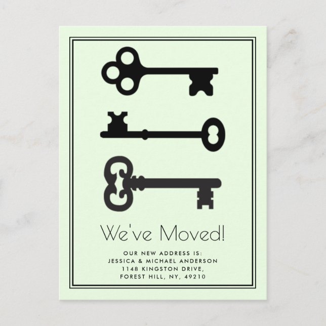 Simple Black Mint Minimal Key Moving Announcement Postcard (Front)