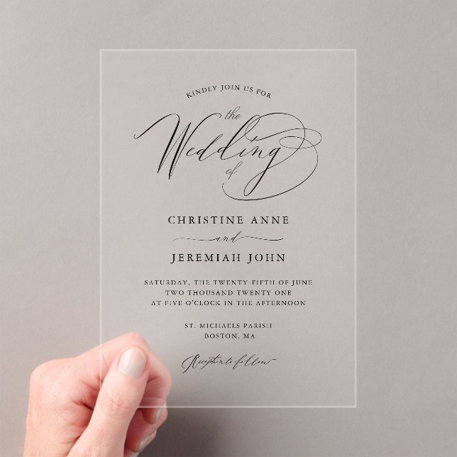 Simple Black Modern Calligraphy Script Wedding Acrylic Invitations (Insitu (Handheld))