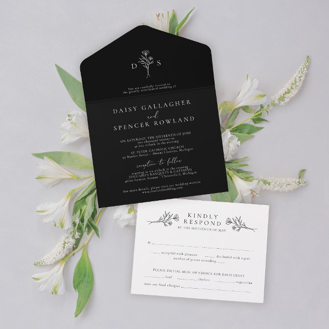 Simple Black Modern Floral Monogram Wedding All In One Invitation (Creator Uploaded)