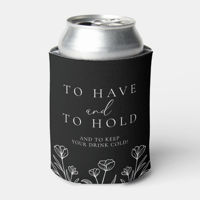 Simple Black Modern Floral Monogram Wedding Can Cooler (Can Front)