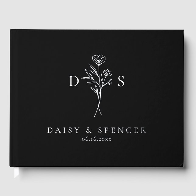 Simple Black Modern Floral Monogram Wedding Foil Guest Book (Front)
