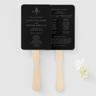 Simple Black Modern Floral Monogram Wedding Hand Fan