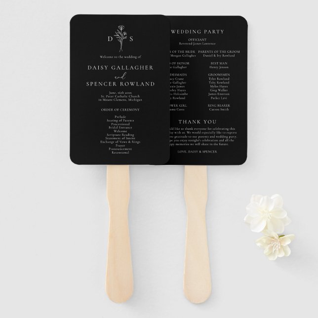 Simple Black Modern Floral Monogram Wedding Hand Fan (Front and Back)