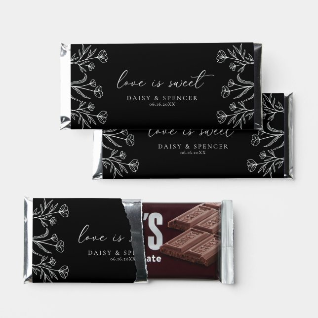 Simple Black Modern Floral Monogram Wedding Large Hershey Bar Favors (Front)
