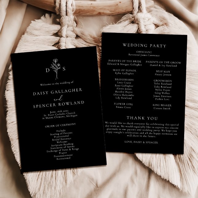 Simple Black Modern Floral Monogram Wide Wedding Program (Creator Uploaded)