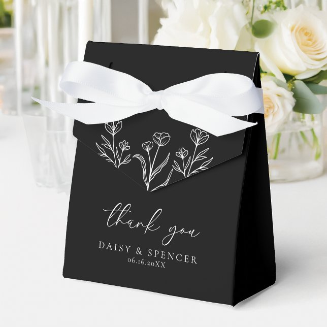 Simple Black Modern Floral Outline Wedding Favor Boxes (Creator Uploaded)