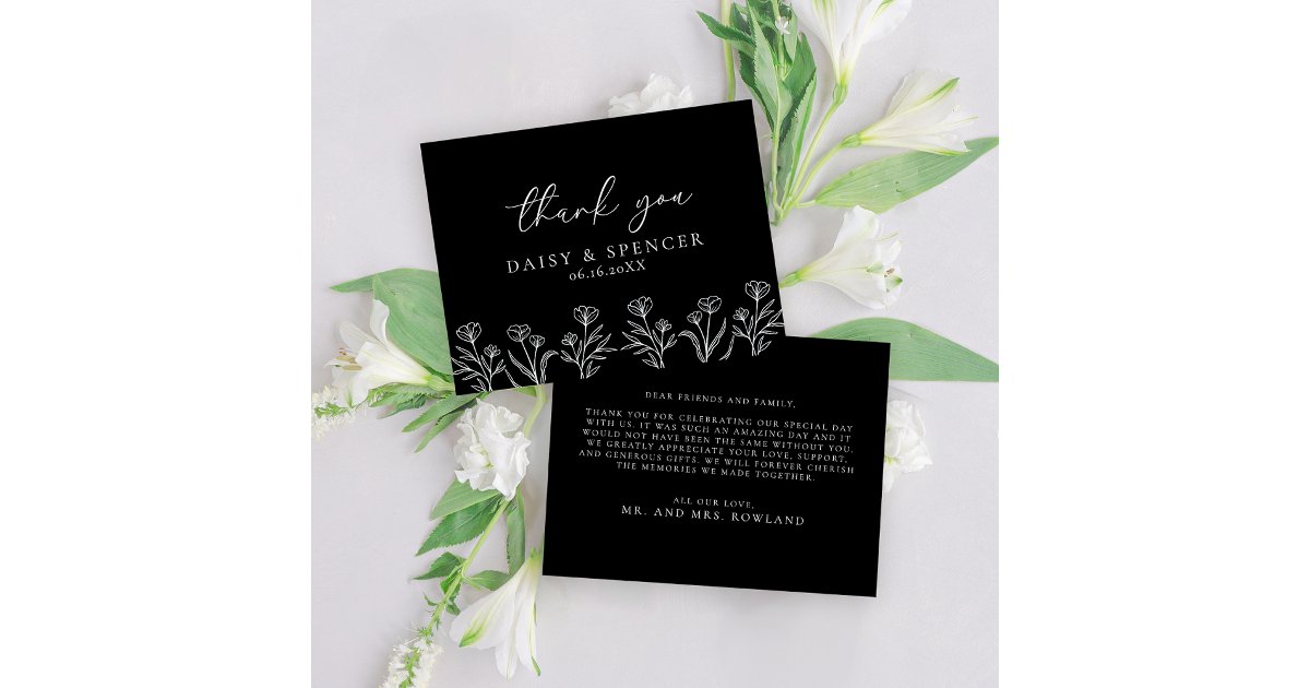 Simple Black Modern Floral Outline Wedding Flat Thank You Card | Zazzle