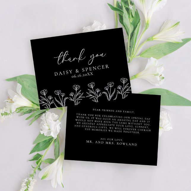 Simple Black Modern Floral Outline Wedding Flat Thank You Card (Creator Uploaded)