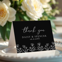 Simple Black Modern Floral Outline Wedding Folded
