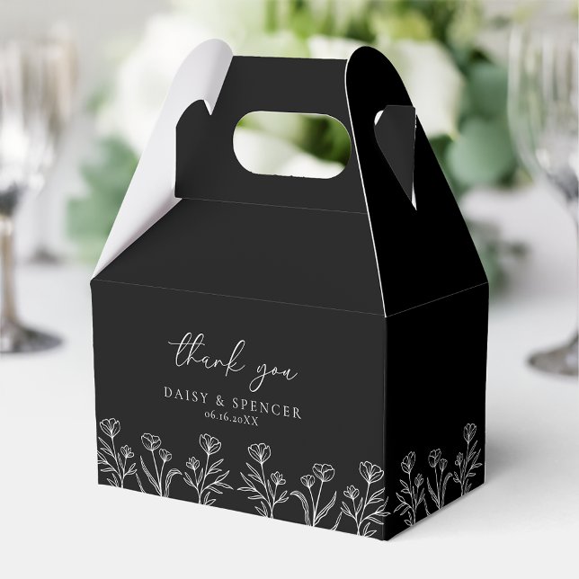 Simple Black Modern Floral Outline Wedding Gable Favor Boxes (Creator Uploaded)