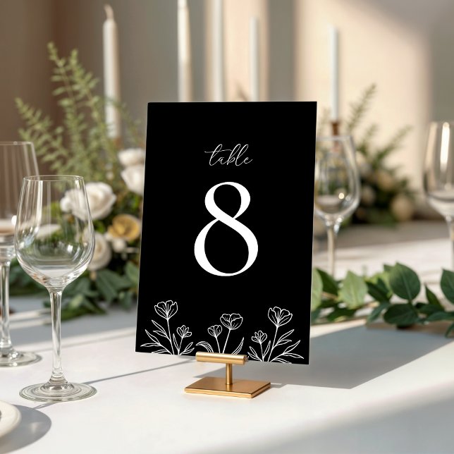 Simple Black Modern Floral Outline Wedding Table Number (Creator Uploaded)