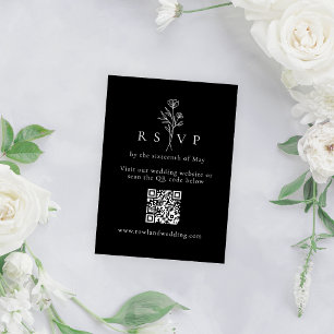 Simple Black Modern Floral Wedding QR RSVP Enclosure Card