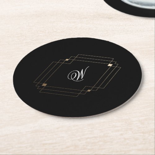 Simple Black Modern Geometric Gold Wedding Round Paper Coaster