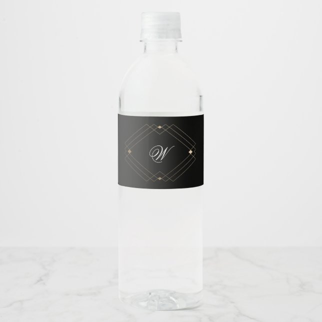 Simple Black Modern Geometric Gold Wedding Water Bottle Label (Front)