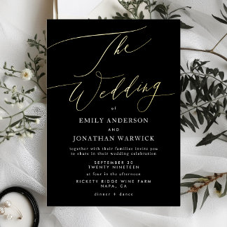 Simple Black Modern Gold Calligraphy Wedding Foil Invitation