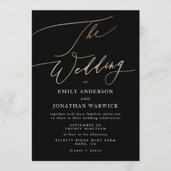 Simple Black Modern Gold Calligraphy Wedding Invitation | Zazzle