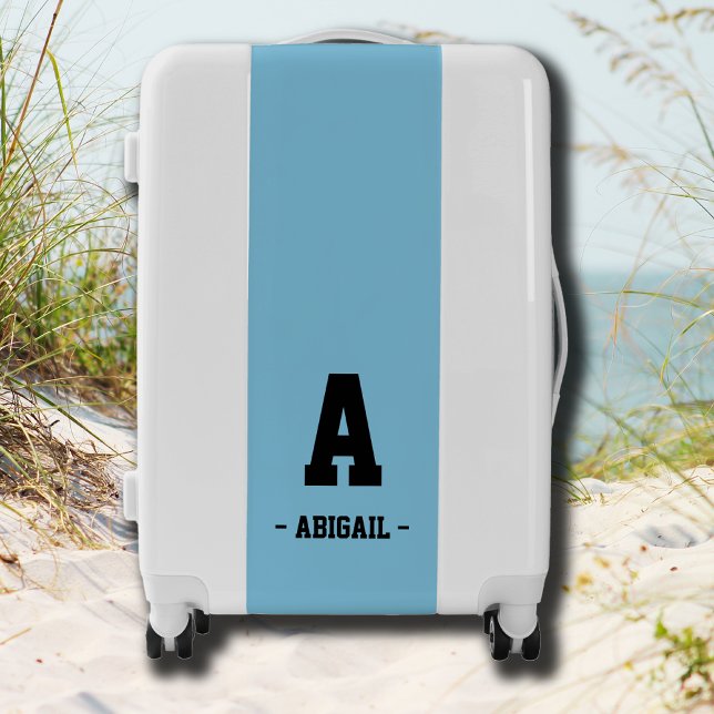 Simple Black Modern Name and Initial | Sky Blue Luggage (Creator Uploaded)