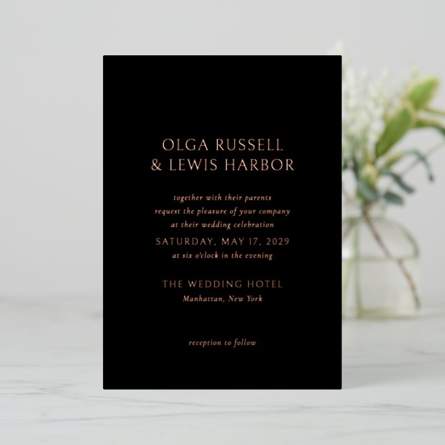 Simple Black Modern Wedding Foil Invitation (Standing Front)