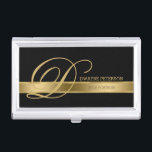 Simple Black Monochromatic With Gold Stripe Business Card Holder<br><div class="desc">Elegant simple plain black monochromatic with gold stripes business card holder template.</div>
