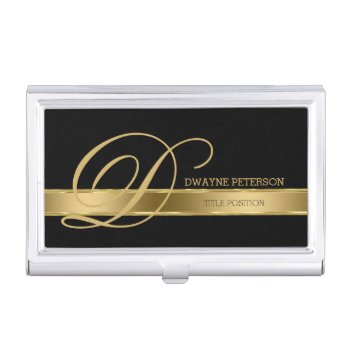 Simple Black Monochromatic With Gold Stripe Business Card Holder by gogaonzazzle at Zazzle