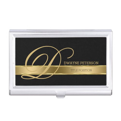Simple Black Monochromatic With Gold Stripe Business Card Holder