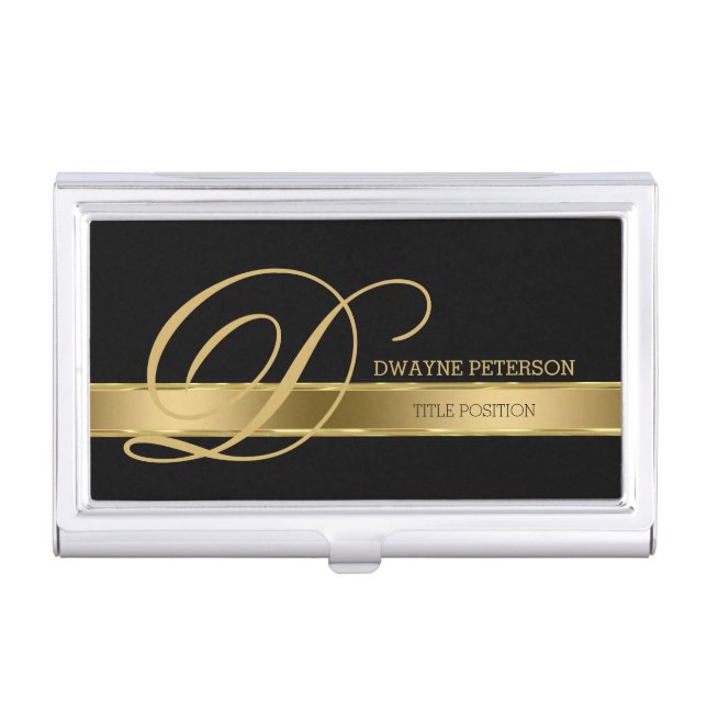Simple Black Monochromatic With Gold Stripe Business Card Holder (Front)
