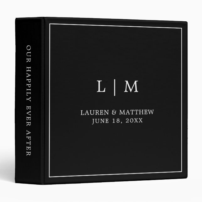 Simple Black Monogram Elegant Wedding 3 Ring Binder (Front/Spine)