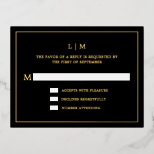 Simple Black Monogram Elegant Wedding RSVP Foil Invitation Postcard