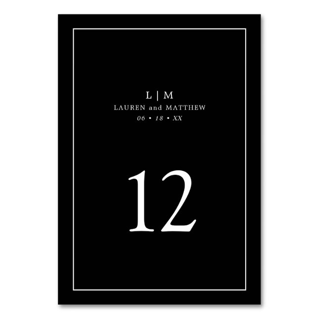 Simple Black Monogram Elegant Wedding Table Number (Front)