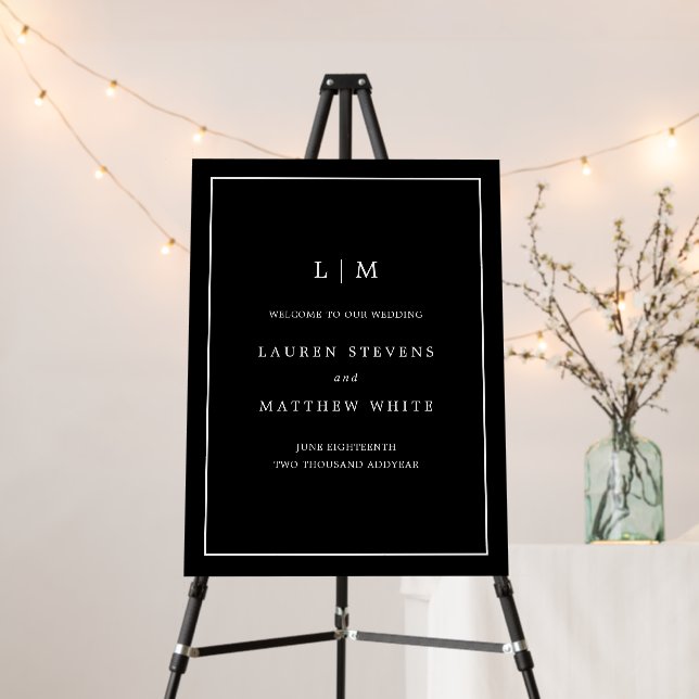 Simple Black Monogram Elegant Wedding Welcome Sign (In Situ (Stand))